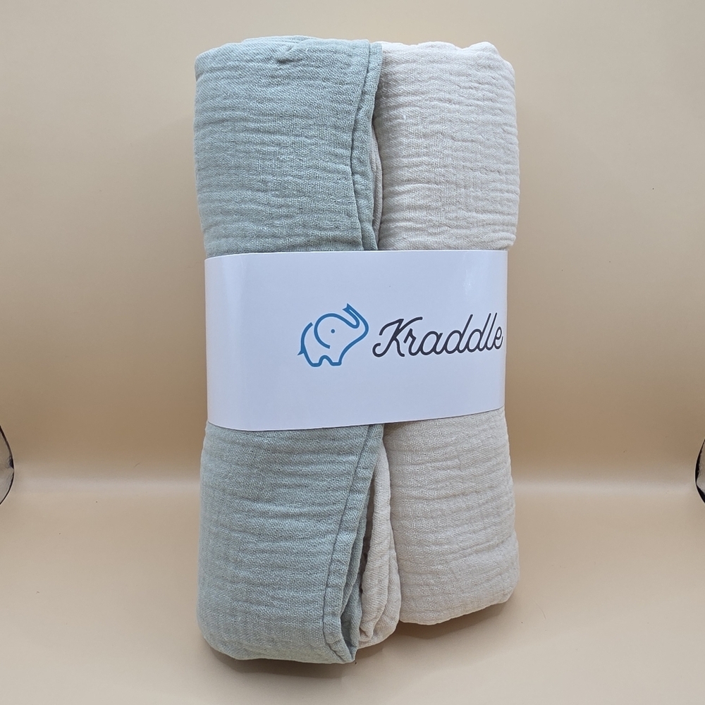 Kraddle Muslin Swaddle Blankets 2 pack Green Cream Baby Newborn - Picture 3 of 3